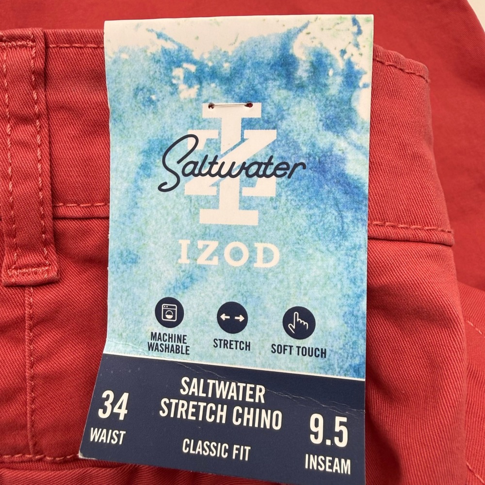 IZOD Chino Shorts Men 34 Red Saltwater Stretch Classic Fit 9.5 Inseam *READ* - Picture 5 of 10